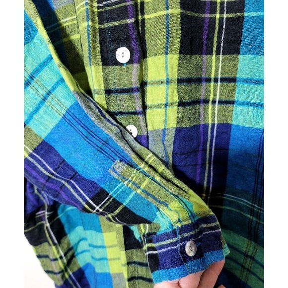 Chicos Design Womens sz 3 multicolored plaid linen button long sleeve side slits - Picture 9 of 9